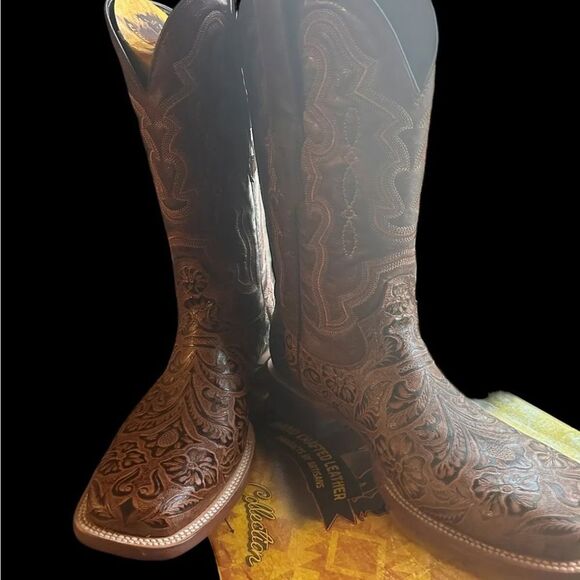 Leather Tanner Mark Hand Tooled Western Boot Broad Square Toe Men 8/Women - Picture 6 of 16